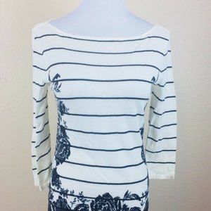 ANN TAYLOR Ivory Striped Knit Boatneck Floral Pullover Top SMALL PETITE Casual